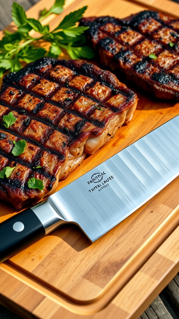 A barbecue knife on a cutting board next to a grilled steak and herbs.